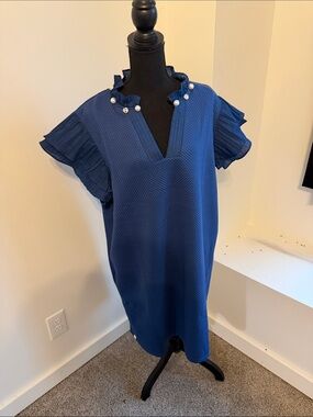 Navy Pearl-Trim Flutter Sleeve Dress